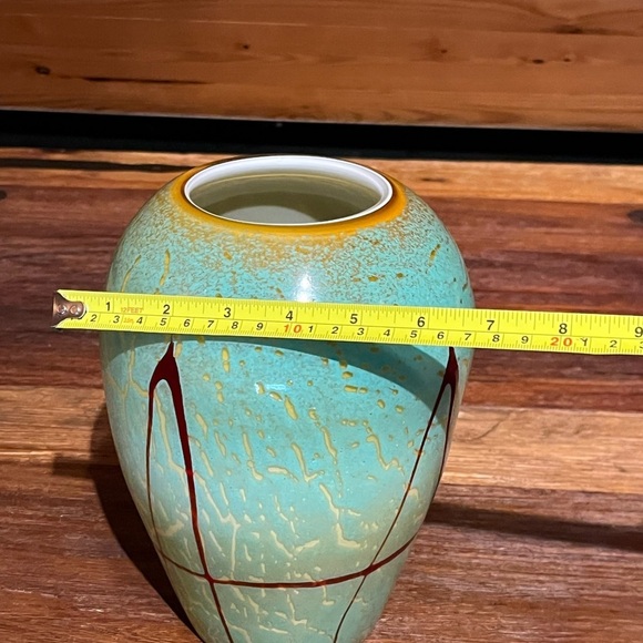 Hand Blown Studio Art Cased Glass 9" VASE Applied Overlay Green w/ Red Drizzle - Picture 10 of 10